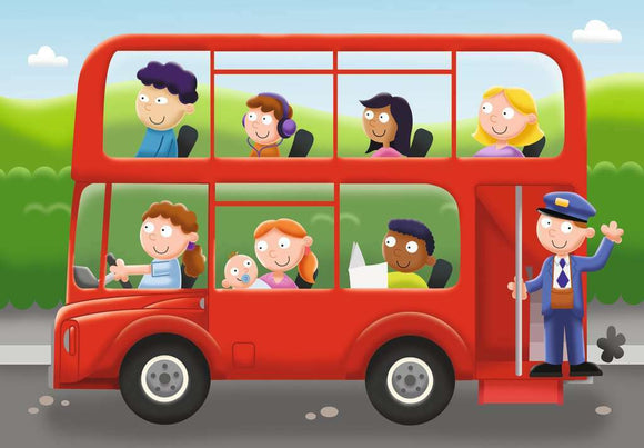 A bright and colorful jigsaw puzzle illustration featuring a double-decker bus filled with diverse characters, including children and an animated bus driver. The joyful scene is set against a lush green background, perfect for family fun and creativity.