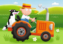 A colorful jigsaw puzzle featuring a cheerful farmer driving an orange tractor with a happy black and white dog sitting beside him. The background shows green hills and a bright blue sky, creating a vibrant and playful scene.