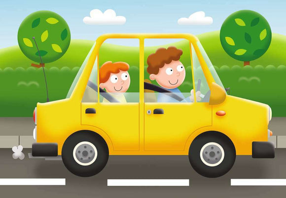 A colorful jigsaw puzzle featuring two cartoon boys happily driving in a yellow car on a sunny day, with green trees in the background. The puzzle showcases vibrant colors and playful scenes designed for children's enjoyment.