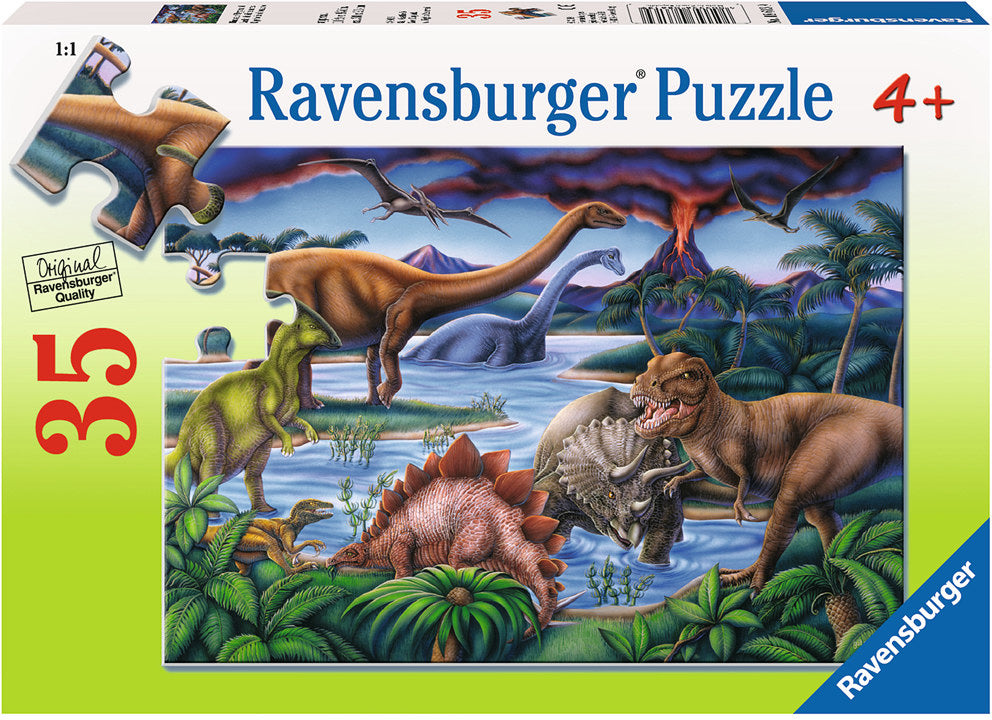 A colorful 35-piece jigsaw puzzle by Ravensburger featuring various dinosaurs in a vibrant prehistoric landscape. The image highlights a T-Rex, a Triceratops, and others surrounded by greenery and a water scene, suitable for children aged 4 and up.