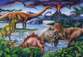 A vibrant jigsaw puzzle featuring a prehistoric dinosaur scene with various dinosaurs such as a T-Rex, Triceratops, and Brachiosaurus in a lush, green landscape, surrounded by tropical plants and a river. The background displays a dramatic volcanic eruption and a colorful sky, inviting exploration into the age of dinosaurs.