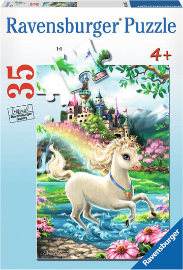 Unicorn Castle 35-piece jigsaw puzzle by Ravensburger featuring a whimsical scene of a unicorn near a vibrant castle surrounded by blooming flowers and a rainbow. Ideal for children aged 4 and up, this puzzle promotes fine motor skills and cognitive development.