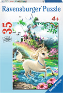 A colorful 35-piece jigsaw puzzle by Ravensburger featuring a whimsical scene with a unicorn frolicking by a sparkling stream, in front of a majestic castle surrounded by vibrant flowers and a rainbow in a magical landscape. Recommended for ages 4 and up.