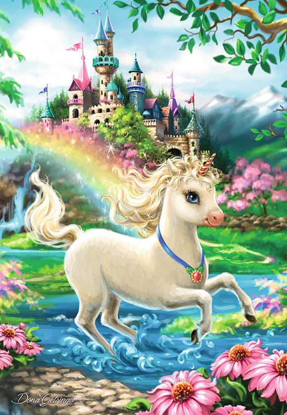 A whimsical jigsaw puzzle featuring a magical unicorn with flowing mane, prancing through a sparkling stream. In the background, a grand castle with colorful towers stands amidst lush greenery and blooming flowers, framed by a vibrant rainbow. This enchanting scene, created by Ravensburger, is perfect for puzzle enthusiasts and fans of fantasy themes.