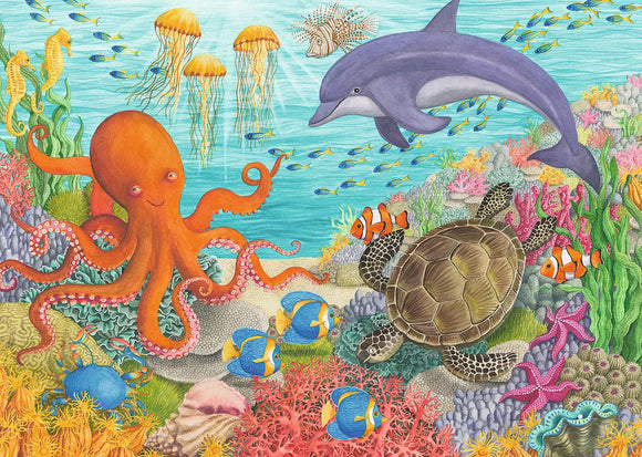 A colorful jigsaw puzzle featuring an undersea scene with a smiling octopus, a dolphin, a turtle, various fish, and vibrant coral. The artwork is detailed and bright, ideal for children.