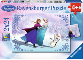 Ravensburger Sisters Always jigsaw puzzle featuring characters from Disney's Frozen, including Elsa, Anna, and Olaf, in a snowy, vibrant landscape. The puzzle is designed for ages 4 and up and includes two puzzles with 24 pieces each.