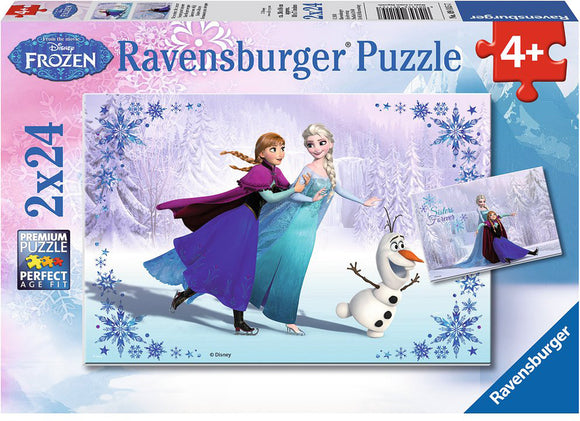 Ravensburger jigsaw puzzle titled 'Sisters Always', featuring characters from Disney's Frozen. The image includes Elsa, Anna, and Olaf surrounded by snowflakes. This puzzle consists of two 24-piece sets designed for children aged 4 and up, promoting family fun and creativity.