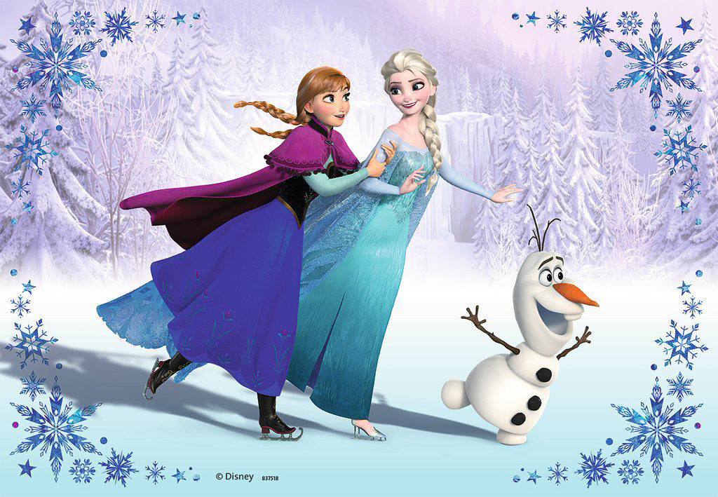 A colorful jigsaw puzzle featuring beloved characters from Disney's Frozen: Elsa, Anna, and Olaf. The scene is set in a snowy landscape adorned with snowflakes, capturing the enchanting winter theme of the movie. This 2 x 24 piece puzzle is perfect for fans of all ages to enjoy assembling and experiencing the magic of sisterhood and friendship.