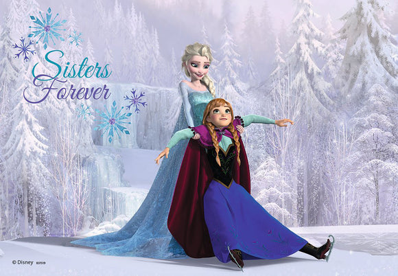 This jigsaw puzzle titled 'Sisters Always' features two beloved characters from Disney's Frozen, Elsa and Anna. The scene depicts them joyfully interacting amidst a wintry landscape filled with snowflakes and frosty trees, conveying themes of sisterhood and adventure. The puzzle consists of 24 pieces each, making it ideal for children and family fun.