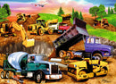 A vibrant 60-piece jigsaw puzzle featuring various construction vehicles including a cement mixer, dump trucks, excavators, and bulldozers, set in a colorful outdoor scene with trees and rolling hills.