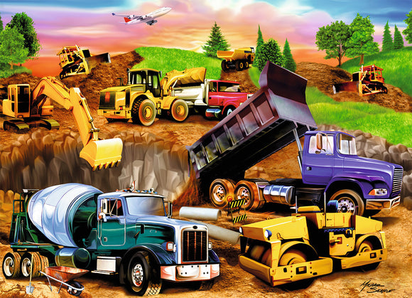 A vibrant 60-piece jigsaw puzzle featuring various construction vehicles including a cement mixer, dump trucks, excavators, and bulldozers, set in a colorful outdoor scene with trees and rolling hills.