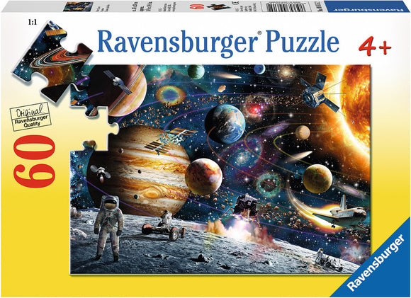 Outer Space 60-piece jigsaw puzzle by Ravensburger, featuring a vibrant cosmic scene with planets, spaceships, and an astronaut on the moon. The artwork showcases a colorful depiction of the universe, ideal for young space enthusiasts aged 4 and above.