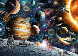 A vibrant 60-piece jigsaw puzzle depicting an outer space scene. The image features various planets, including Jupiter and Saturn, alongside satellites and space shuttles. Astronauts explore the lunar surface, while colorful galaxies and cosmic elements fill the background, creating a captivating and educational experience for puzzle enthusiasts.