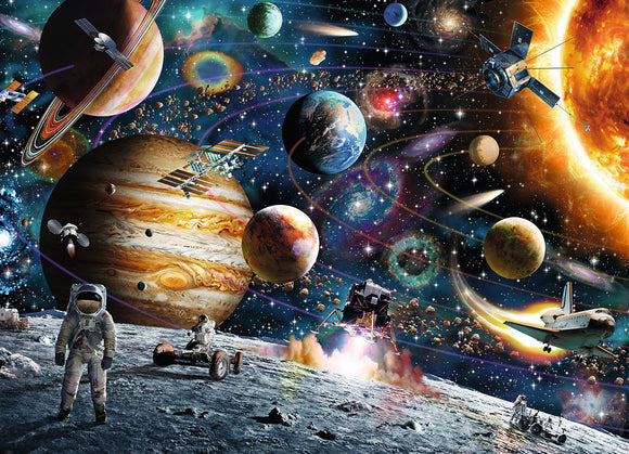 A vibrant 60-piece jigsaw puzzle depicting an outer space scene. The image features various planets, including Jupiter and Saturn, alongside satellites and space shuttles. Astronauts explore the lunar surface, while colorful galaxies and cosmic elements fill the background, creating a captivating and educational experience for puzzle enthusiasts.