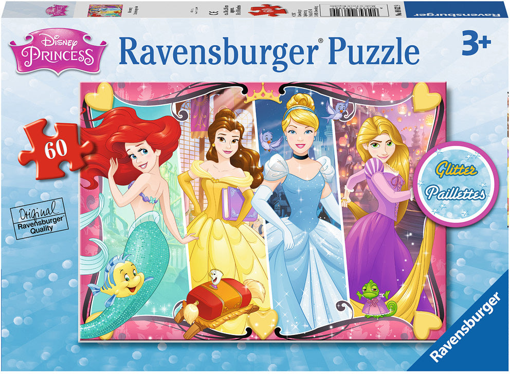 Heartsong 60 pc Glitter Puzzle by Ravensburger featuring Disney Princesses. The puzzle showcases Ariel, Belle, Cinderella, and Rapunzel in a vibrant, colorful design, perfect for young fans. Each piece is designed for easy handling for ages 3 and up, promising hours of entertainment and creativity.