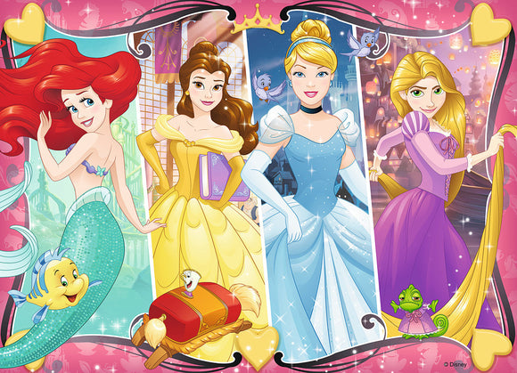 A colorful jigsaw puzzle featuring beloved Disney princesses, including Ariel, Belle, Cinderella, and Rapunzel, surrounded by whimsical designs and glitter. This 60-piece Heartsong puzzle from Ravensburger showcases enchanting characters in a vibrant scene, perfect for fans of all ages.