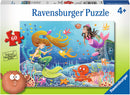 Ravensburger Mermaid Tales 60-piece jigsaw puzzle featuring colorful underwater scenes, mermaids, and various ocean creatures, ideal for ages 4 and up.