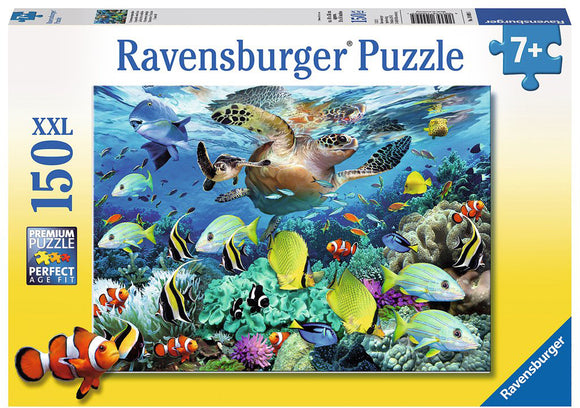 Underwater Paradise 150-piece jigsaw puzzle by Ravensburger featuring vibrant marine life. The scene captures colorful fish, coral reefs, and a turtle swimming in a clear blue ocean, perfect for puzzle enthusiasts aged 7 and up.