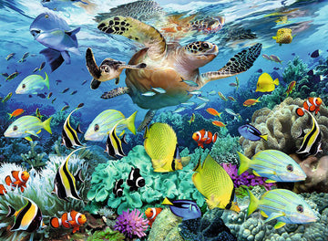 A vibrant underwater scene depicting various colorful fish, a turtle, and coral reefs. This illustration features a variety of marine life including clownfish, butterflyfish, and vibrant corals. Perfect for puzzle enthusiasts and nature lovers alike.