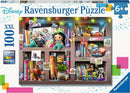 Disney Multi Character 100-piece jigsaw puzzle by Ravensburger. The image showcases a colorful display of beloved Disney characters and items, including dolls, books, and memorabilia, arranged in a charming shelf design. Perfect for fans of Disney and puzzle enthusiasts aged 6 and up.