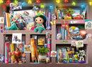 A vibrant 100-piece jigsaw puzzle featuring beloved Disney characters like Jasmine, Dumbo, Woody, and Buzz Lightyear. The puzzle displays a colorful shelf filled with toys, books, and photos of various Disney movies, creating a nostalgic and whimsical atmosphere perfect for fans of all ages.