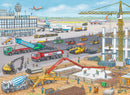 A colorful jigsaw puzzle featuring a busy airport construction site. Various vehicles such as cement mixers, cranes, and trucks are visible, alongside workers engaging in activities like digging and transporting materials. In the background, planes are taking off and parked at the terminal, creating a lively construction scene.
