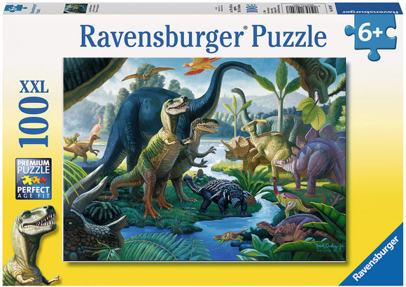 Ravensburger's Land of the Giants jigsaw puzzle featuring a vibrant prehistoric scene with various dinosaurs in a lush environment, perfect for ages 6 and up.