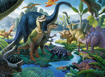 A colorful jigsaw puzzle featuring an illustrated prehistoric scene with various dinosaurs gathered around a river. The vibrant artwork showcases a variety of dinosaur species, lush greenery, and a serene background of mountains and skies, perfect for dinosaur enthusiasts and puzzle lovers alike.