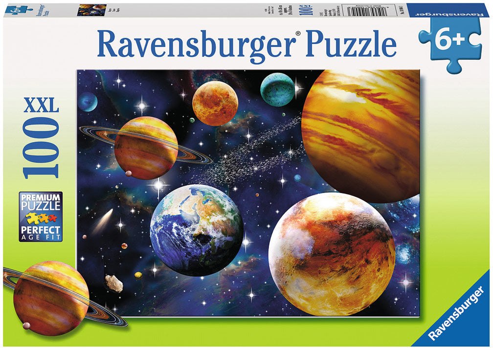 Ravensburger Space 100 pc Jigsaw Puzzle featuring a vibrant depiction of planets and cosmic elements against a starry background. Suitable for ages 6 and up.