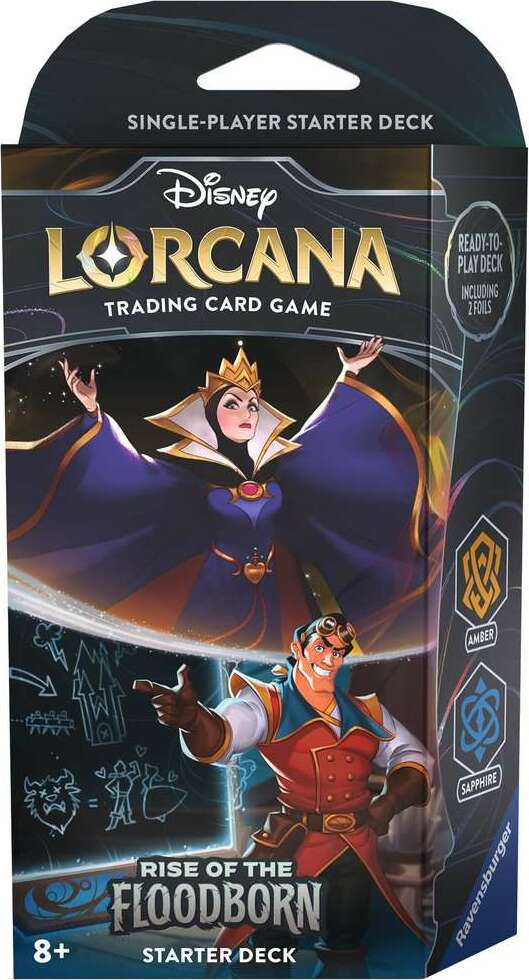 Lorcana: #2 Starter Deck Amber by Ravensburger featuring characters from Disney's Trading Card Game. The box shows vibrant artwork of heroes and villains including the queen and a jovial character. It is a single-player ready-to-play deck, suitable for ages 8 and up.