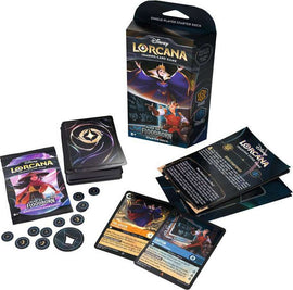 The Lorcana: #2 Starter Deck Amber by Ravensburger features a well-designed box with characters from Disney's animated films. Surrounding the box are various game cards showing vibrant artwork, including characters like The Queen and Gaston. The set includes tokens and a booklet with game instructions, making it a perfect starter kit for a thrilling single-player experience.