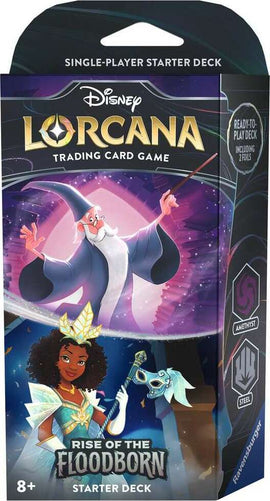 Lorcana: #2 Starter Deck Ameth featuring vibrant artwork of characters from Disney's trading card game. The package displays a wizard wielding a wand and two animated characters, showcasing magical themes and exciting graphics. Designed for single-player gameplay, suitable for ages 8 and up.