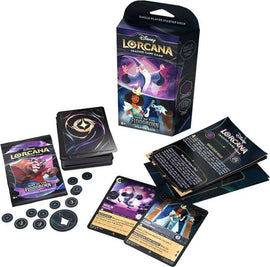 Lorcana #2 Starter Deck Ameth by Ravensburger. The image shows a beautifully designed box featuring characters from the Disney universe, along with trading cards, tokens, and instruction sheets spread around it, ideal for single-player gameplay.