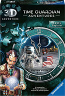 The Mayhem on the Moon 3D Puzzle box features a whimsical design with a man in a suit holding a glowing orb. The puzzle includes an astronaut, a lunar background, and the American flag, indicating a moon exploration theme. The packaging highlights 'Time Guardian Adventures' and includes several puzzle pieces scattered around the design. Ideal for beginners and puzzle enthusiasts.