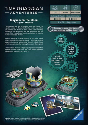 Mayhem on the Moon 3D Puzzle G by Ravensburger displayed with vibrant 3D pieces, showing a colorful lunar scene. The puzzle includes 216 plastic pieces, adventure cards, and various accessories, all designed for an engaging and immersive puzzle experience. The packaging highlights the game's features and difficulty levels, making it a perfect choice for puzzle enthusiasts and families.