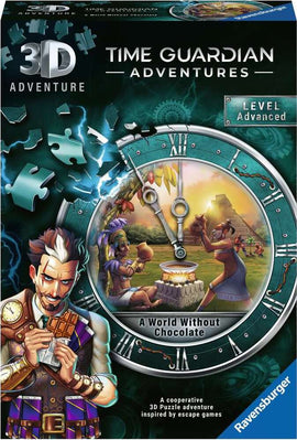 A World Without Chocolate jigsaw puzzle from Ravensburger featuring a whimsical clock design. An elaborate illustration of an adventure with a character holding chocolate, surrounded by figures engaging in activities related to chocolate production. The scene depicts a blend of fantasy and history in a vibrant setting.