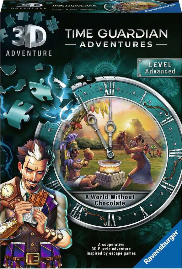 A World Without Chocolate jigsaw puzzle from Ravensburger featuring a whimsical clock design. An elaborate illustration of an adventure with a character holding chocolate, surrounded by figures engaging in activities related to chocolate production. The scene depicts a blend of fantasy and history in a vibrant setting.