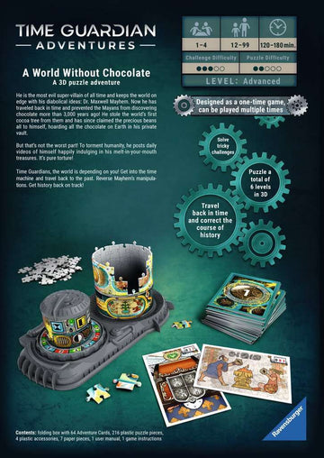 The jigsaw puzzle 'A World Without Chocolate' by Ravensburger features a 3D puzzle design, showing intricate details of a time machine and adventurer elements. The set includes a folding book with 64 adventure cards, 216 plastic puzzle pieces, 4 plastic accessories, 7 paper pieces, user manual, and game instructions, organized in a vibrant and engaging layout. It emphasizes a challenging experience with various puzzle levels and historical themes, suitable for ages 12 and up.