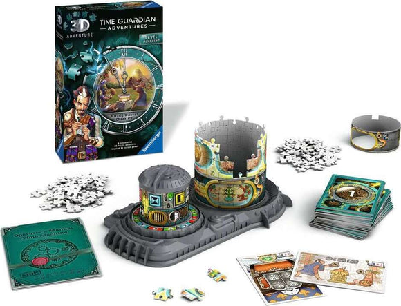3D jigsaw puzzle titled 'A World Without Chocolate' by Ravensburger. The image shows the puzzle pieces, a game board featuring gears and characters, a circular structure, and instruction cards. The packaging is visible, showcasing vibrant artwork and the product name.