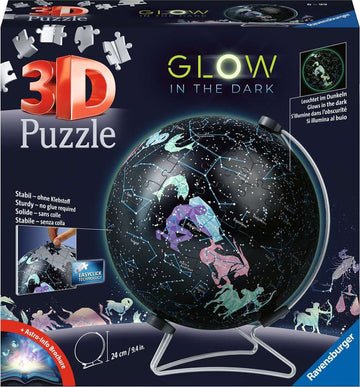 A Ravensburger 3D jigsaw puzzle featuring a Glow in the Dark Star Globe with 180 pieces. The globe displays constellations and colorful illustrations against a dark background, sitting on a clear stand. This engaging puzzle is designed for ages 6 and up, promising an illuminating experience when completed.