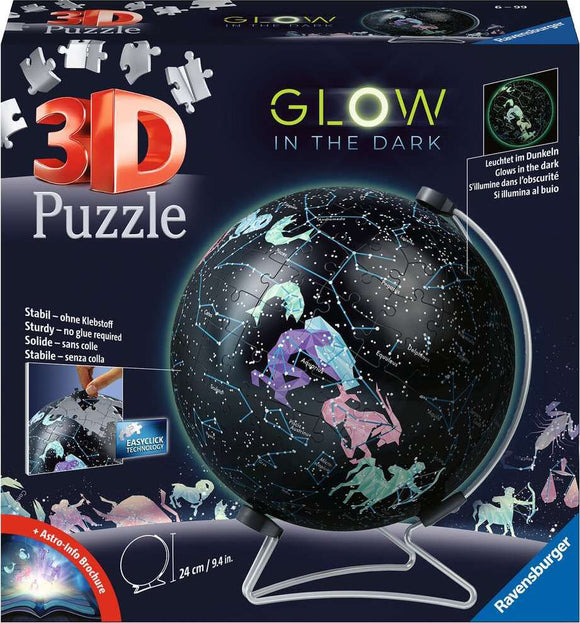 A Ravensburger 3D jigsaw puzzle featuring a Glow in the Dark Star Globe with 180 pieces. The globe displays constellations and colorful illustrations against a dark background, sitting on a clear stand. This engaging puzzle is designed for ages 6 and up, promising an illuminating experience when completed.