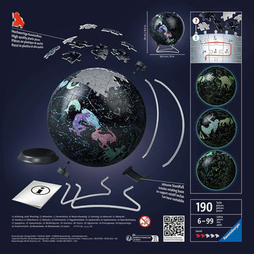 A Glow in Dark Star Globe jigsaw puzzle from Ravensburger featuring 180 high-quality pieces. The puzzle displays a celestial design that glows in the dark, showing constellations and stars. Included is a rotating base for display, suitable for ages 6 to 99. The product is showcased with puzzle pieces scattered around the assembled globe, emphasizing the intricate design.