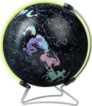 A 180-piece jigsaw puzzle of a glow-in-the-dark star globe by Ravensburger. The globe features colorful illustrations of constellations against a starry black background, with a wire stand that holds it upright. Ideal for astronomy enthusiasts and puzzle lovers, it lights up in the dark to showcase the stars.