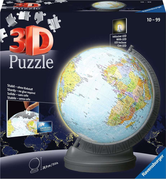 Ravensburger Light Up Globe 540-piece 3D jigsaw puzzle displayed on packaging. The globe features a colorful map of the world and includes an LED light. Ideal for ages 10 and up, this sturdy puzzle requires no glue and uses Easyclick technology for precision fitting.