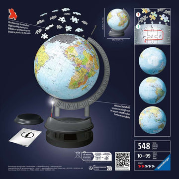 A 3D jigsaw puzzle of a light-up globe featuring 540 intricately detailed pieces. The globe is displayed on a rotating base, showcasing vibrant colors and geographical details. Ideal for puzzle enthusiasts aged 10 and up, offering an engaging experience as it lights up.
