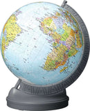 A 540-piece 3D jigsaw puzzle of a globe, showcasing detailed maps of continents and countries. The globe is displayed on a sturdy gray base, with visible jigsaw piece outlines on its surface, highlighting its intricate design and educational value.