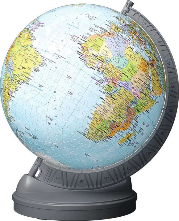 A 540-piece 3D jigsaw puzzle of a globe, showcasing detailed maps of continents and countries. The globe is displayed on a sturdy gray base, with visible jigsaw piece outlines on its surface, highlighting its intricate design and educational value.