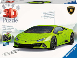 A vibrant 3D jigsaw puzzle of a Lamborghini Huracan Evo in Verde green. The puzzle features moving wheels and is designed without the need for glue. The packaging highlights its Easyclick technology for stability, suitable for ages 8 and up.