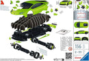 3D jigsaw puzzle of a Lamborghini Huracan Verde by Ravensburger. The image shows the puzzle pieces in vibrant green color, forming the car's exterior and parts, designed for ages 8 and up with 156 pieces.