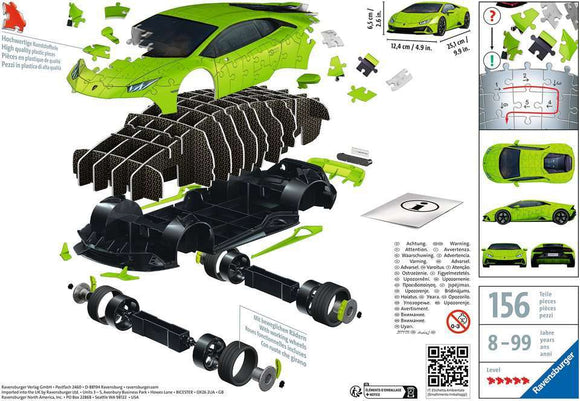 3D jigsaw puzzle of a Lamborghini Huracan Verde by Ravensburger. The image shows the puzzle pieces in vibrant green color, forming the car's exterior and parts, designed for ages 8 and up with 156 pieces.
